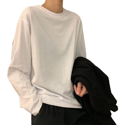 ONCE Tees Simple Casual Long Sleeve Round Neck White Color Women Tops Fashion Solid Autumn Spring Female Basic T-shirts