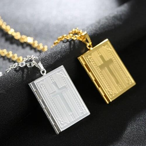 SONYA Holy Bible Cross Locket Necklace Silver/Gold Color Jewelry Memory Photo Locket Necklaces Pendants For Women/Men Gift