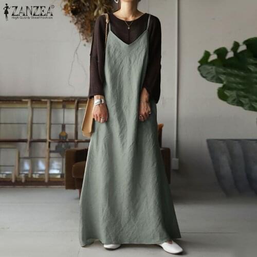Vintage Spaghetti Strap Dress Women Summer Sundress ZANZEA 2021 Casual Summer Maxi Vestidos Female V Neck Robe Femme Plus Size 7