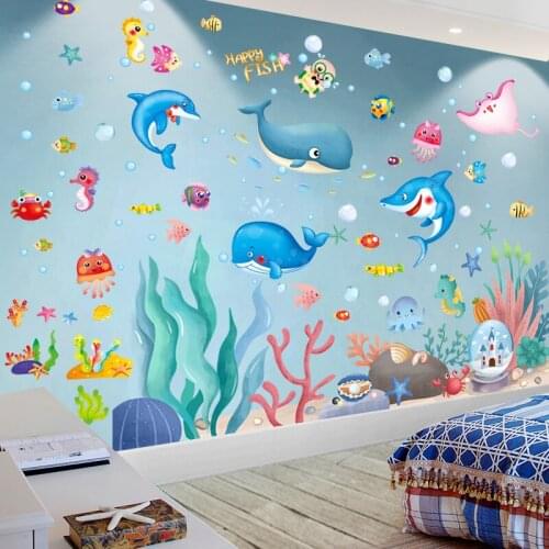 [shijuekongjian] Submarine Coral Clusters Plants Wall Stickers DIY Whale Fish Wall Decals for Kids Room Bedroom House Decoration