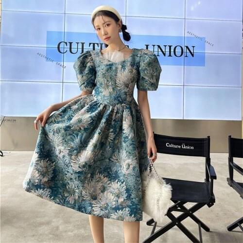 Sweet Princess Oil Painting Puff Sleeve Dress Women Summer 2021 New Vintage Mesh Stitching Jacquard Ball Gown Dress