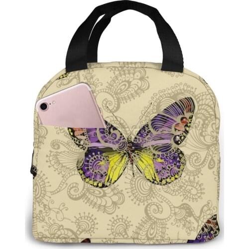 Vintage Butterflies And Florals Lunch Bag Portable Insulated Thermal Cooler Bento Lunch Box Tote Picnic Storage Bag Pouch