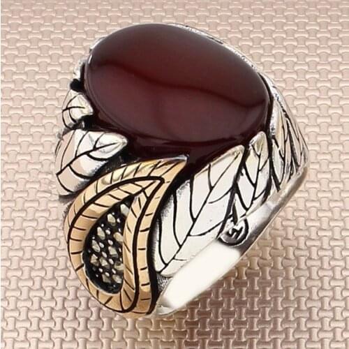 Vintage Maroon Oval Yemen Agate Stone Men Silver Ring Bronz Color Heavy With Rinh Drop Motif Motif Solid 925 Sterling Silver