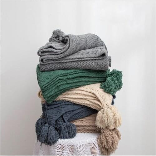 Thread Blanket with Tassel Solid Beige Grey Coffee Throw Blanket for Bed Sofa Home Textile 130x160cm Knitted Blanket