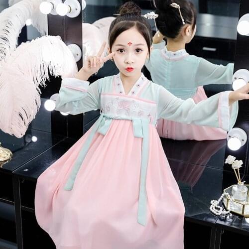 XinHuaEase Childrens Ancient Costume Hanfu Girls' Summer Dresses Fairy Tang Chinese Traditional Style Kids Stage Outfit Folk