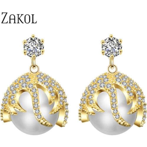 ZAKOL Newest Korean Luxury CZ Zirconia Drop Earrings For Women Fashion Imitation Pearl Bridal Wedding Dress Jewelry FSEP2404