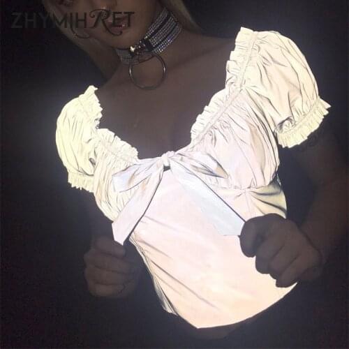 ZHYMIHRET 2019 Summer Reflective T Shirt Women Lantern Sleeve Square Collar Crop Top With Lace Bow Front Tshirt Femme Streetwear
