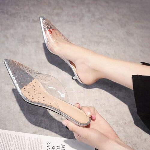 AGODOR Transparent Mules for Women Pointed Toe Slippers Clear Jelly Kitten Heel Pumps Crystal Slip on Backless Pumps Size 34-39