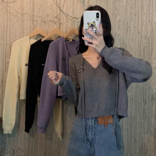 Woman Sweaters Pullover Autumn Leisure Short V-neck Lace-up Sweater Loose Knitted Top Purple Sweater For Women Femme Chandails