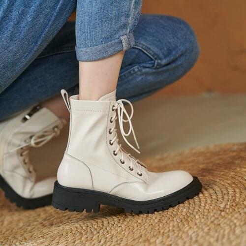 Winter Split Leather Round Toe Chunky Heel Women Boots ZIP Female Boots 2021 ANKLE Boots Stretch Fabric Women Shoes Cross-tied