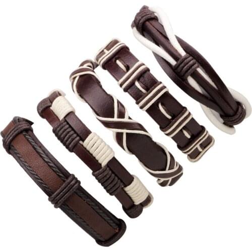 5pcs/set Hippie Punk Dark Brown Leather White Black Cord Rope X Knot Layer Stacked Adjustable Bracelets Set for Man