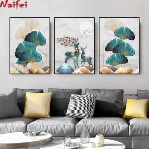 5D Diamond Embroidery Elk Ginkgo Biloba Triptych Full Drill Mosaic Handmade Diamond Art Painting Animal Home Decor Gift