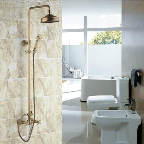 Antique Brass Two Cross Handles Bathroom Rain Shower Faucet Set Mixer Tap + 8" Round Rain Shower Head + Handshower ars034