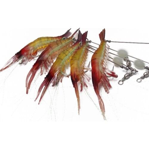 CATCHSIF 5pcs LiveGlow Shrimp soft baits 5.5g with Luminous hooks and beads fishing lures Kit