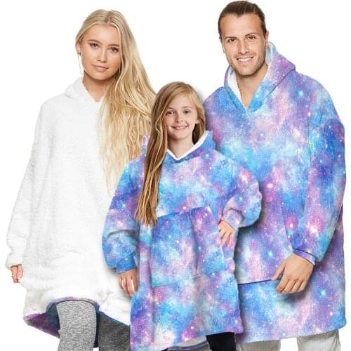 Mommy dad kid pajamas outfit starry sky print family macthing winter blankets both sides wearable thick velvet adult hoodie