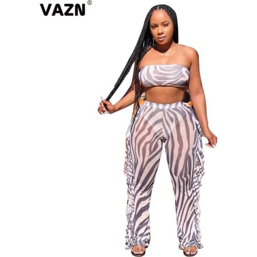 VAZN 2020 Hot Open Beach Hollow Out See Through Young 2 Piece Strapless Underwear 1 Piece Long Pants Slim Women 3 Piece Set