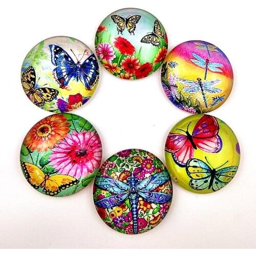 Jiangzimei 10pcs Beauty Colorful butterfly and flowers 25mm Round photo Glass cabochons for DIY nacklace keychain making