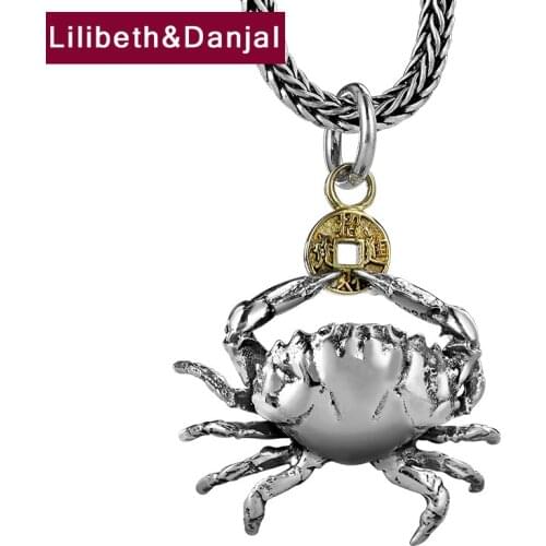 Creative Lucky Money Copper Coin Crab Real 925 Sterling Silver Necklace Pendant Fashion Fine Jewelry Women Men 2021 Designer P23
