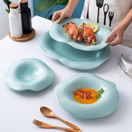 Creative Lotus Leaf Ceramic Plates Chinese Tableware Feature Hotel Restaurant Home Soup Pasta Salad Fruit Ceramic Deep Plates