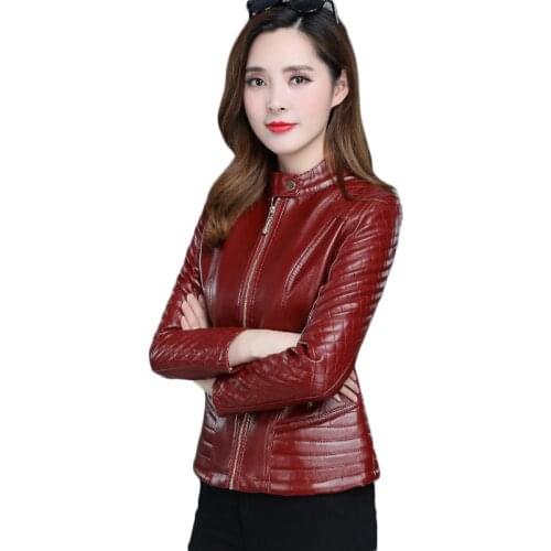 Faux leather jacket women wine red 5xl 6xl plus size 2020 spring autumn new Korean short slim zipper pockets PU moto coat LD1277