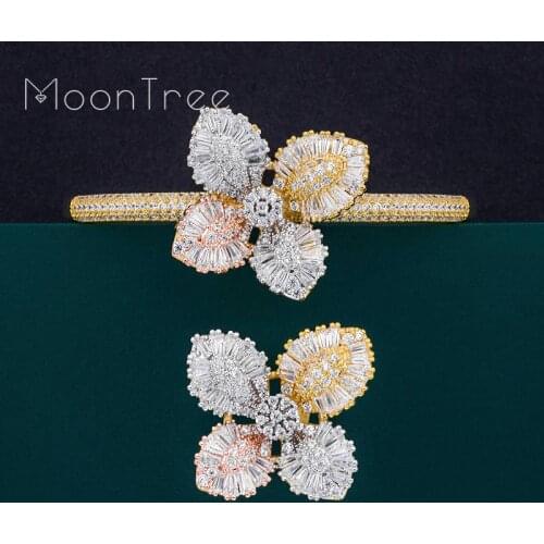 MoonTree Luxury Flower Leaf Super AAA Cubic Zirconia 3 Tone Color Women Wedding Bridal Naija Dubai Engagement Dress Jewelry Set