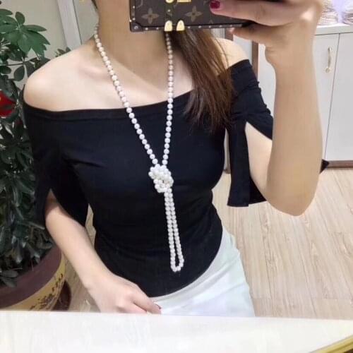 Natural 8-9 mm white fresh water cultured pearl necklace long 50inch fine jewelry