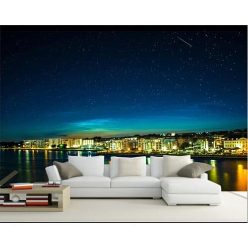 The latest 3D murals,3D Overlooking the beach at night, living room TV sofa bedroom background wall paper