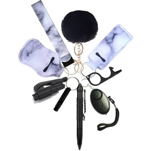 Wholesale Self Defense Siren Safety Alarm for Women Keychain Set Cute Fur Ball Car Keyring Pompom Key Chains Gift for Girl