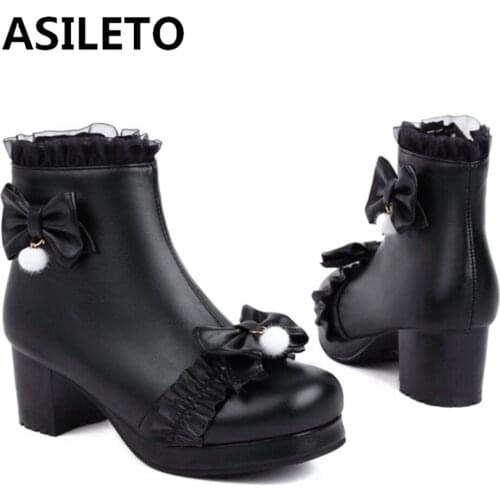 ASILETO Lolita Autumn Winter Ankle Short Boots Round toe Chunky Heels Zip Lace Bow Ladylike Small Big Size 30-43 Party S2473