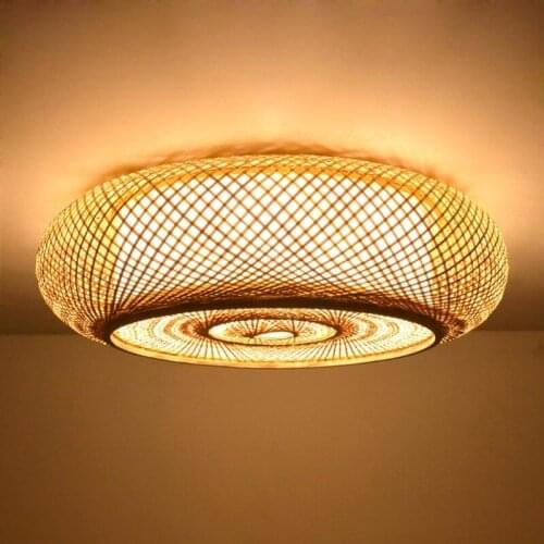 Hand-woven Bamboo Wicker Rattan Round Lantern Shade Ceiling Light Fixture Rustic Asian Japanese Plafon Lamp Bedroom Living Room