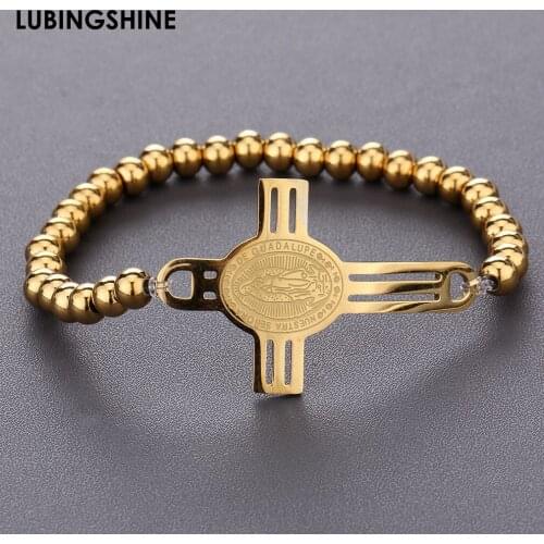 Retro Stainless Steel Cross Charm Bracelet Gold Silver Color Link Chains Beaded Bracelets for Women Men Jesus Religious Jewelry
