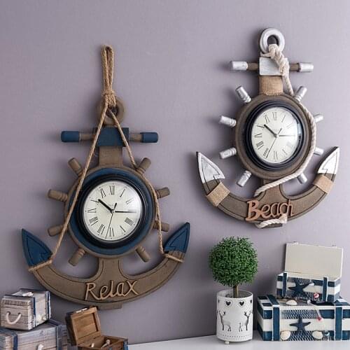 Retro Vintage Decorative Hanging Clock Creative Living Room Wooden Clocks Nordic Wood Ocean Style Clock Wall Decorations