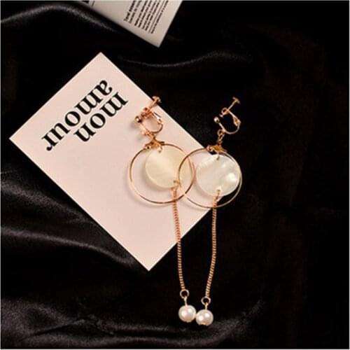 Grace Jun Top Quality Handmade Natrual Stone Shell Long Tassl Clip on Earrings Wihtout Piercing for Girls Earrings Korea Style