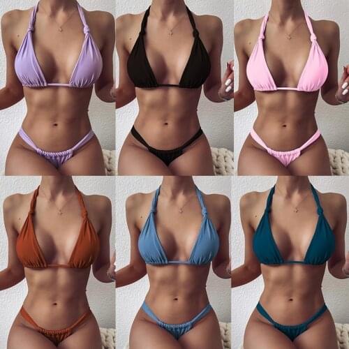 Sexy Push Up Bikinis Swimsuits Swimwear Women 2021 New Solid Biquini Bathing Suits Strap Halter Beachwear Micro Thong Bikini Set
