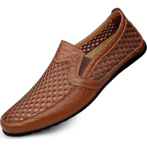 Summer Cool Mens Casual Leather Shoes Breathable Punching Loafers for Men Handmade Sewing Male Driving Shoes Big Size 38-46