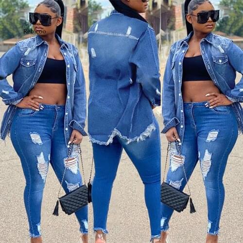Women Jean Jacket Denim Jackets Blue Jean Jacket Hot Tassel Ripped Denim Jacket Women Hole New Fashion Denim Blue Long Coat