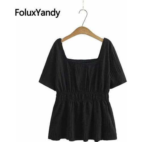 6 XL Plus Size Tops Women Summer Tops Black Stretched Casual Square Collar Short Sleeve T-Shirt KKFY5598