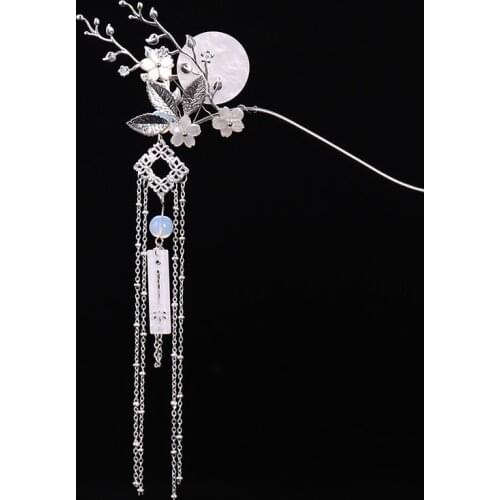 Chinese Long Moon Hair Sticks Women Hair Accessories Silver color Flower Leaf Headpiece Hairpins Women Tiara Hair Jewelry