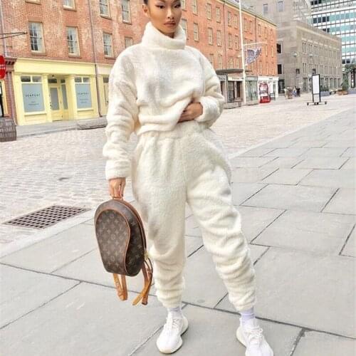 Fuzzy Fleece Two Piece Set Turtleneck Long Sleeve Top and Pants Winter Outfit Sweat Suits Women Matching Sets