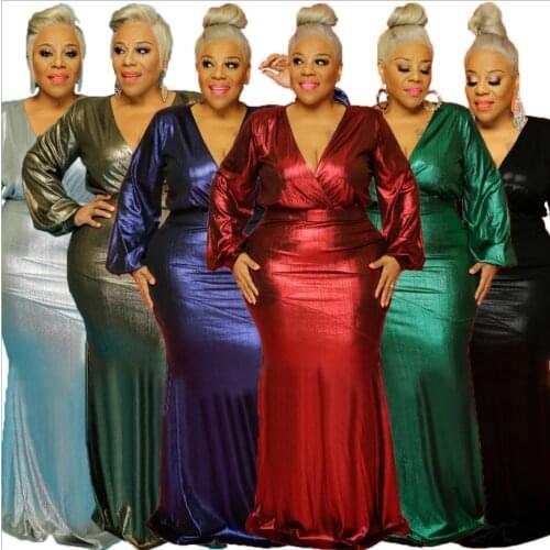 Sparkling Gold Stamping Women Solid Gown Dresses Plus Size Sexy V-neck Lantern Sleeve High Waist Floor-Length Mermaid Dress