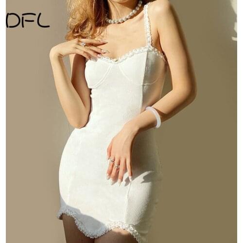 DFLlifes Women Dresses Spaghetti Strap Corset Sexy Clubwear Backless Lace Bodycon Dress Mini Robe Patchwork Soild White Hot 2021