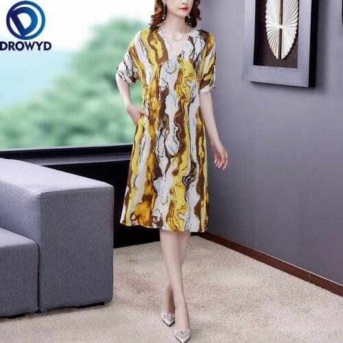 Women Fashion Boho Dress Summer 2021 New Office Lady Print Short Sleeve Silk Loose V-Neck Yellow Midi Dresses Traf Vestidos Robe