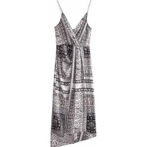 New Women Vogue Printed Midi Dress Crossover V-Neck Thin Straps Irregular hem Vintage Slit Dresses Woman Robe femme