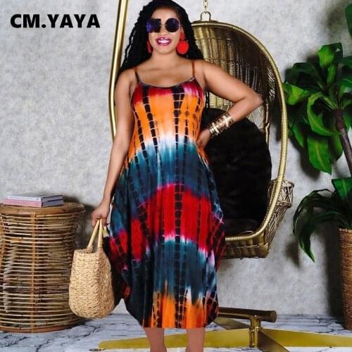 CM.YAYA Tie Dye Gradient Womens Dress Loose Spaghetti Strap Beach A-line Bohemian Basic Dresses