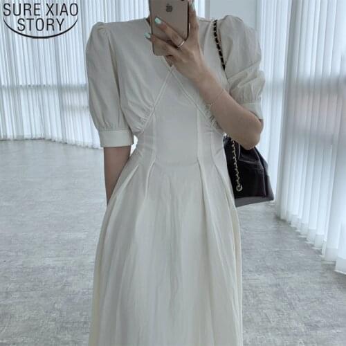 Korean Chic Summer Dress Women Short Sleeve Vintage dress white Midi Long Dresses V-neck Line Pleated Puff Sleeve Dresses 13566