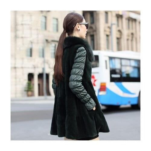 Winter Women Real Rex Rabbit Fur Coat Natural Fox Fur collar Parka Female Long Slim Patchwork Sheepskin Leather Jackets