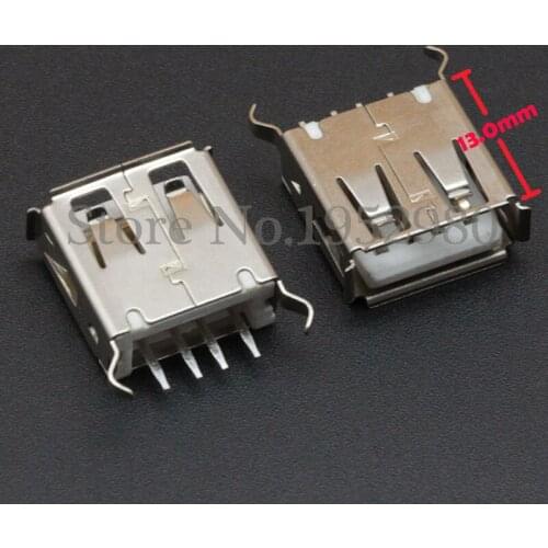 10PCS USB 2.0 Connector Female Socket AF 180 Degree with Brim Bent Foot 13.0mm High 4 Pin for Data Transmission Charging