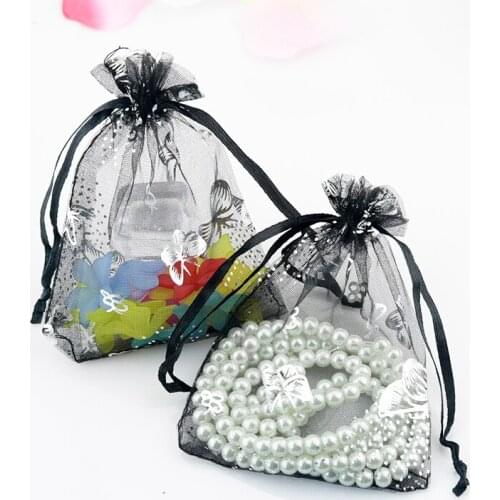 100pcs/lot 7x9CM Black Organza Bags Silver Butterfly Printed Gift Packaging Bags Jewelry Pouch Wedding Favors Candy Gift Bag
