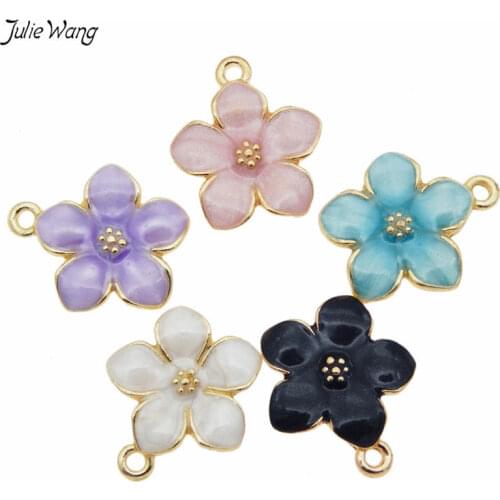 Julie Wang Alloy 15pcs Cute Enamel Flower Charms Pendant Necklace Bracelet DIY Keyring Accessories Jewelry Making Wholesale