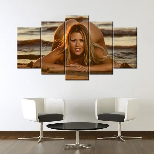 Art Framework 5 Pieces Canvas Paintings Prints Posters Sunset Sexy Model on the Beach For Living Room Home